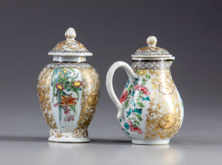 A famille rose tea caddy and milk jug