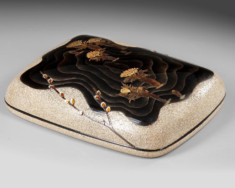 OGIMURA SAKITOSHI, A JAPANESE LACQUER SUZURIBAKO WITH ASTER AND PUSSY WILLOW, 20TH CENTURY