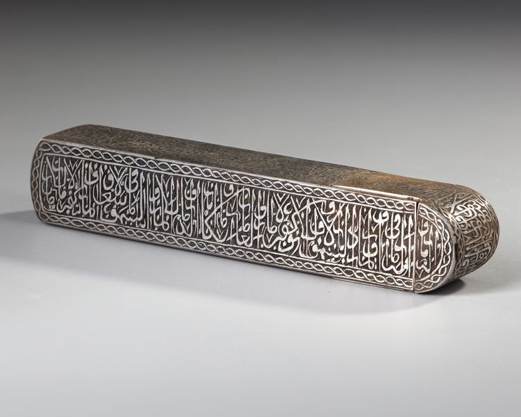 A SILVER INLAID METAL PEN BOX OR QALAMDAN, 20TH CENTURY