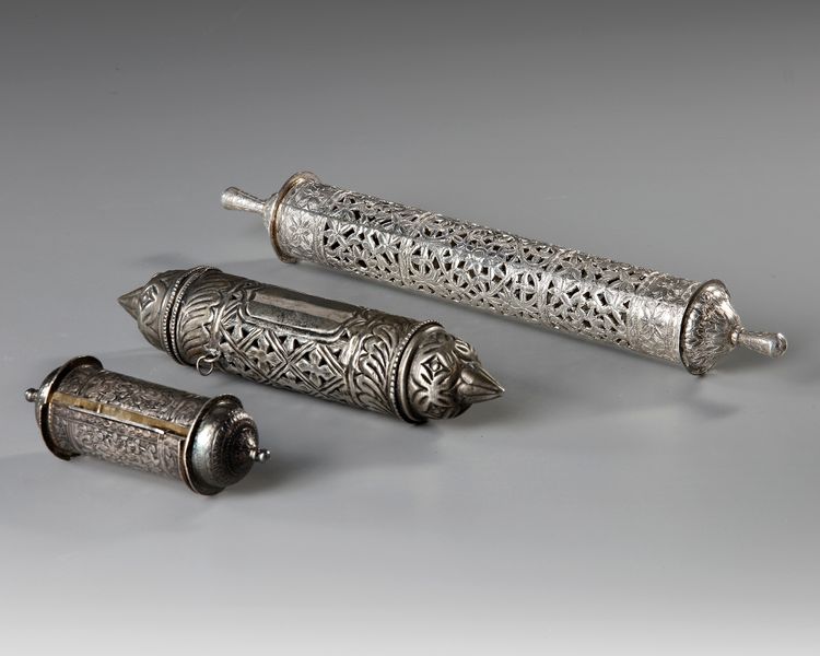 THREE OTTOMAN SILVER PIERCED SCROLL CASES, 19TH CENTURY