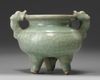 A Chinese celadon crackle-glazed tripod censer