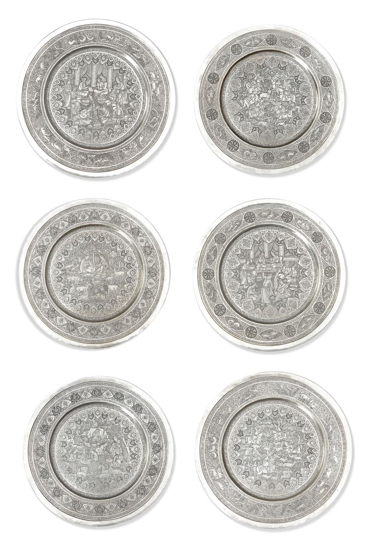 SIX PERSIAN SILVER PLATES SIGNED BY LAHIJI, CIRCA 1900