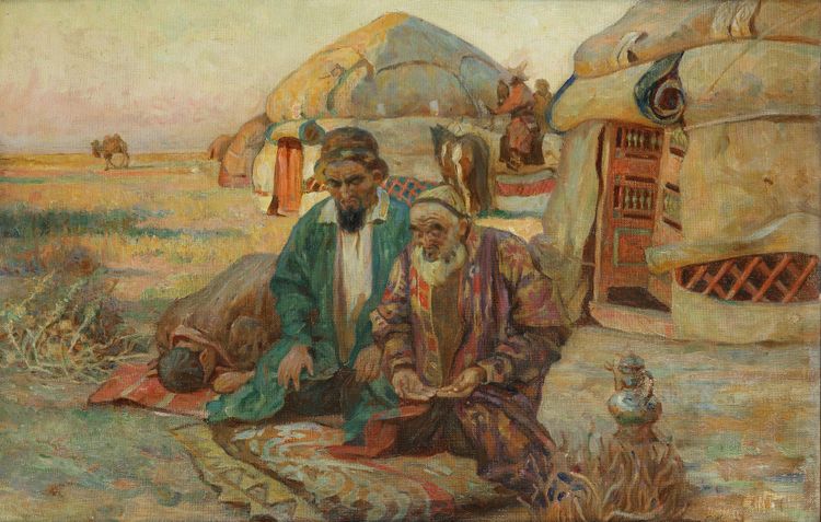 A painting depicting two nomads at prayer before their tents