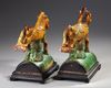 A PAIR OF CHINESE SPINACH-AND-EGG GLAZED POTTERY TILEWORK HORSES