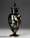 BLACK GLASS VASE WITH LID, PAINTED WITH GOLDEN PHEASANT AND FLORAL DESIGN, 19TH CENTURY