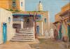 AN OIL PAINTING ON PANEL, DEPICTING THE CAFE OF SIDI BOUSAID IN TUNESIA, 20TH CENTURY