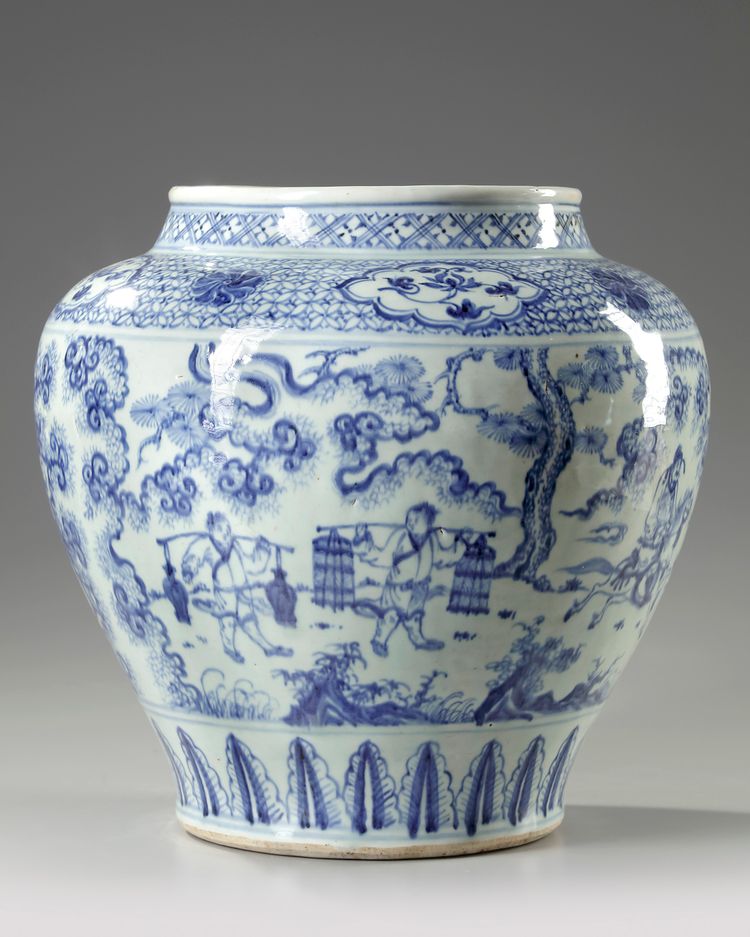 A large Chinese Yuan-style blue and white jar