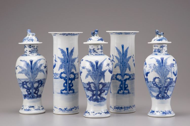 Five blue and white porcelain vases